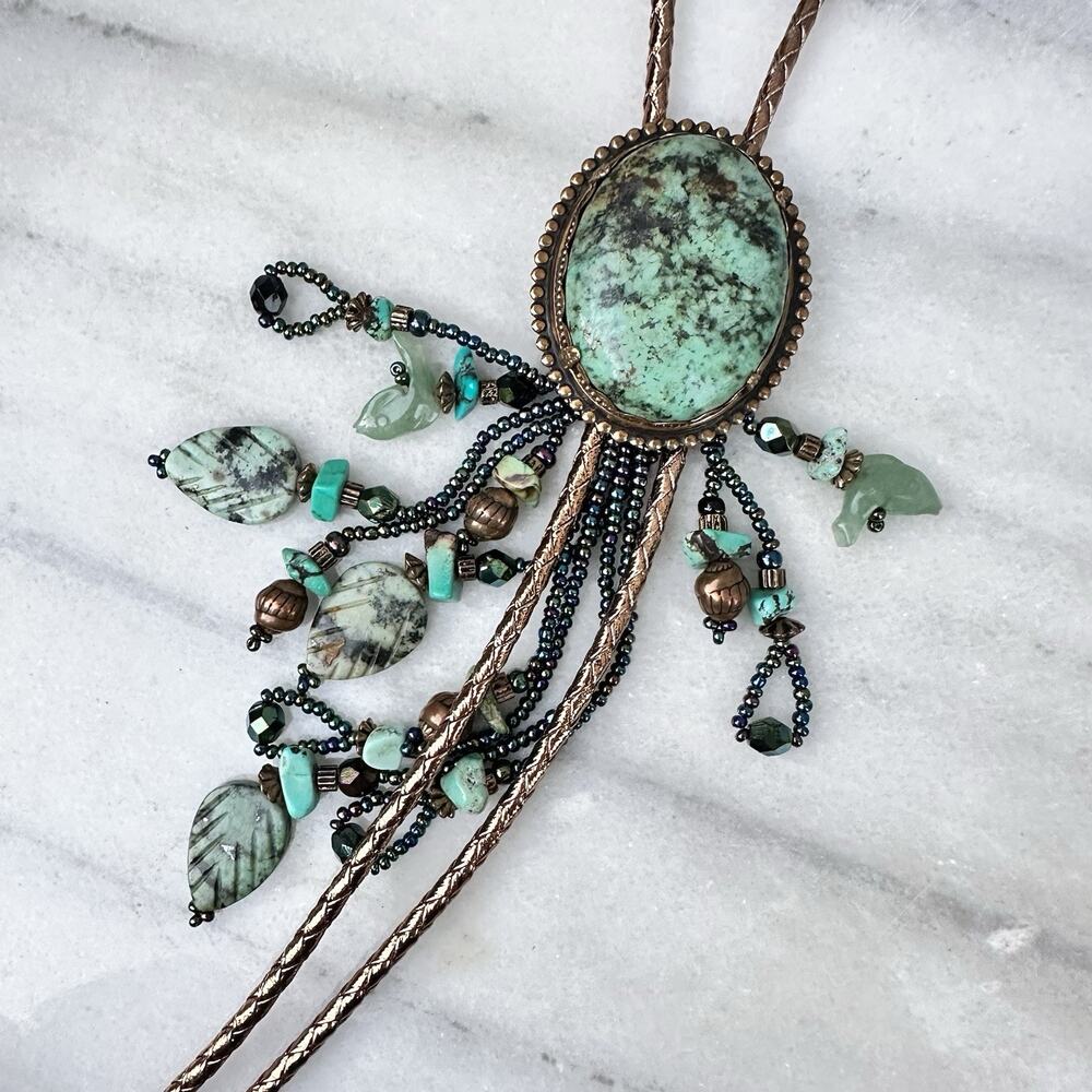 Fringe Bolo Tie Maximalist Turquoise Jasper Southwest Copper Statement Western